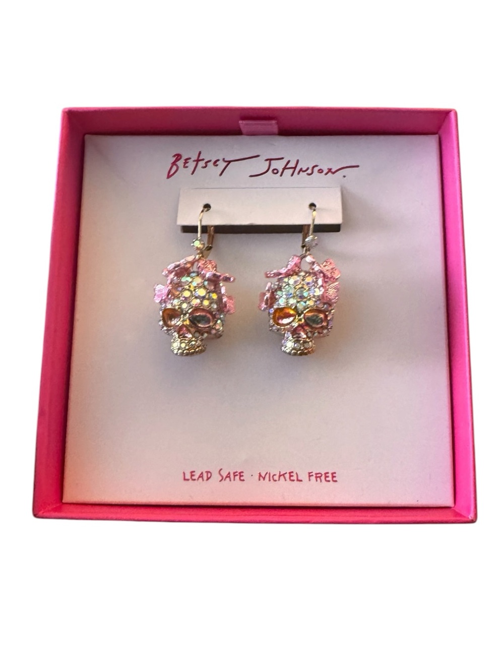 Betsey Johnson Iridescent Crystal Skull and Butterfly Drop Earrings, NIB